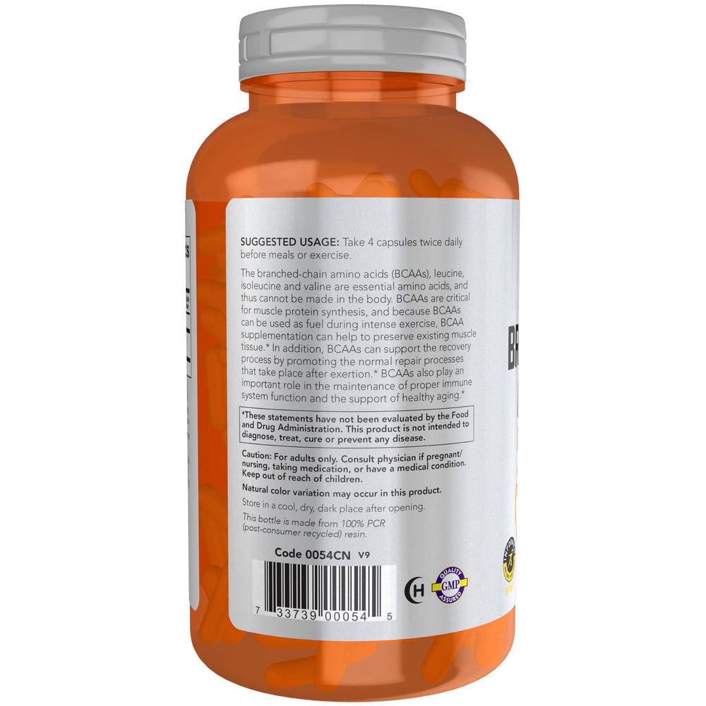NOW Foods BCAAs capsules on a tray illustrating convenient supplementation.