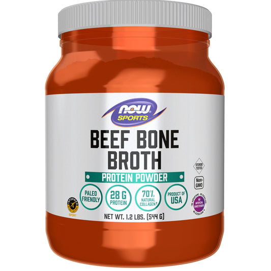 NOW Foods Beef Bone Broth Powder bottle label highlights protein and safe ingredients