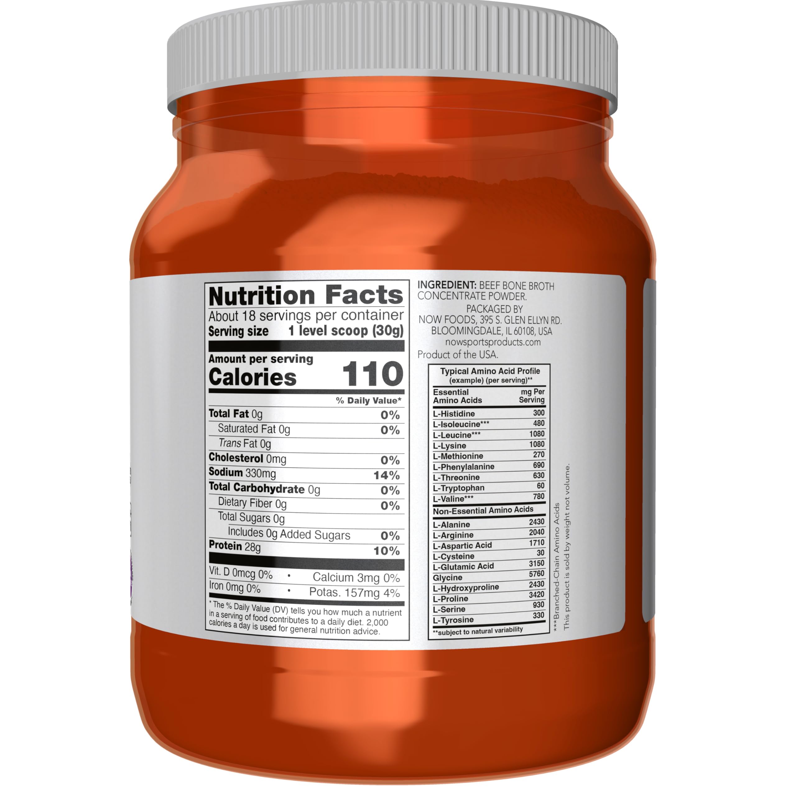NOW Foods Beef Bone Broth Powder scoop in water offers quick protein boost for active days