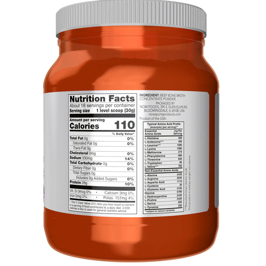 NOW Foods Beef Bone Broth Powder scoop in water offers quick protein boost for active days