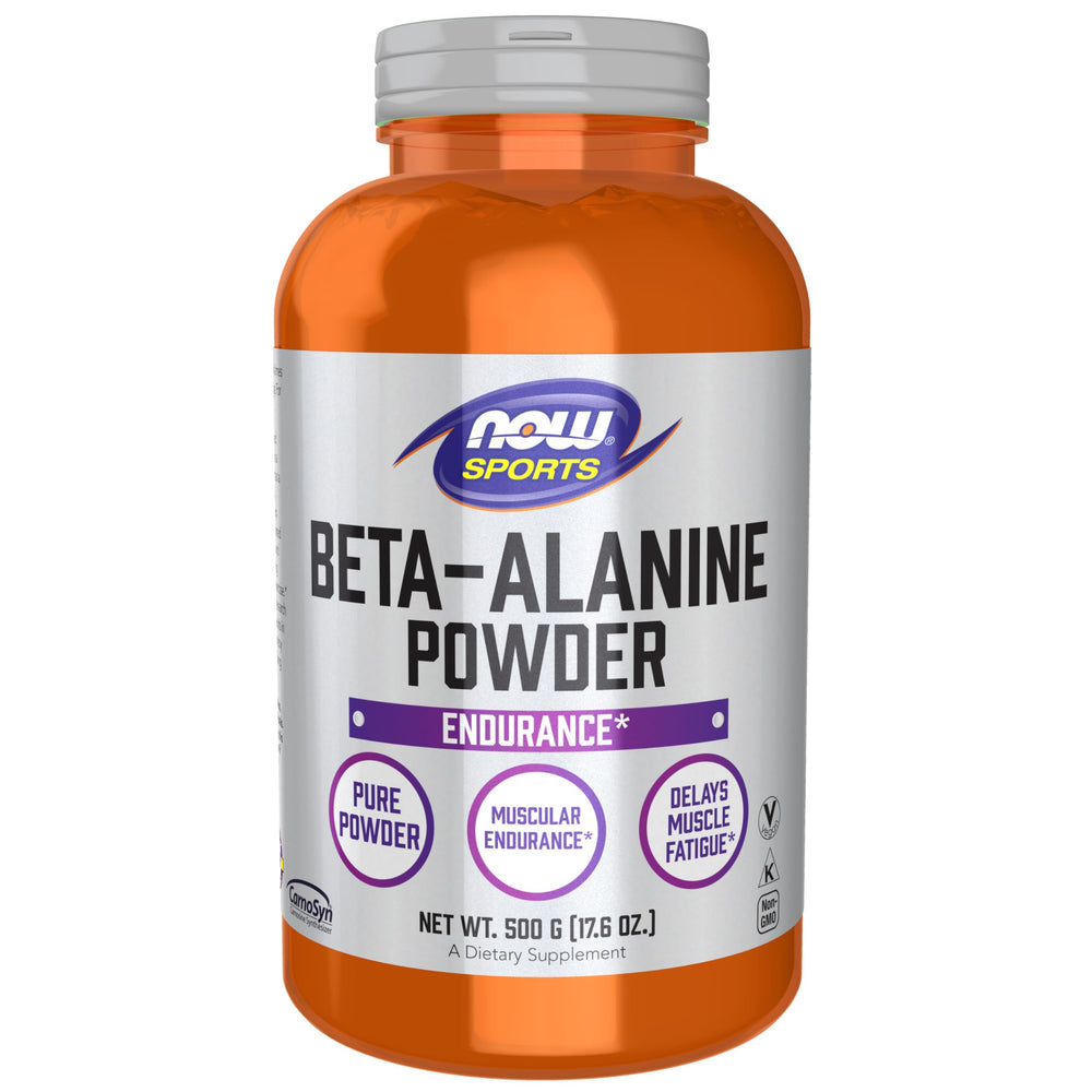 NOW Foods Beta-Alanine powder bottle shown for muscular endurance during workouts.