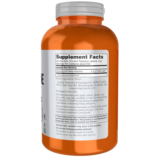Scoop of NOW Foods Beta-Alanine powder ready to mix with your shake.