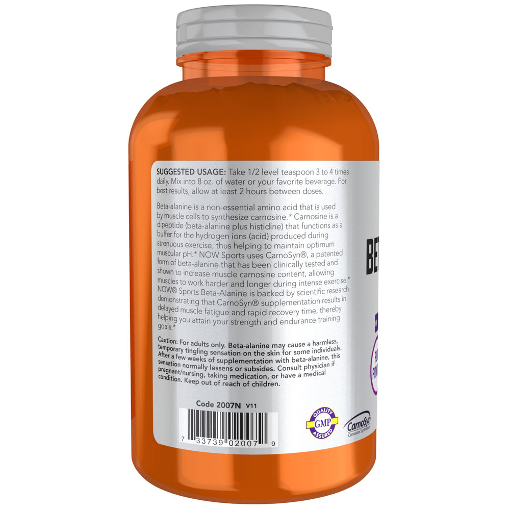 Close-up of the beta-alanine tub label highlighting CarnoSyn for endurance support.
