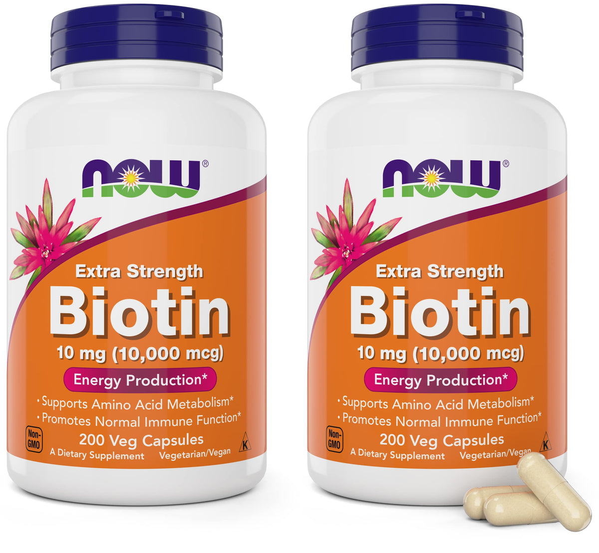 NOW Foods Biotin bottle front view highlighting 10,000 mcg potency for hair and nails