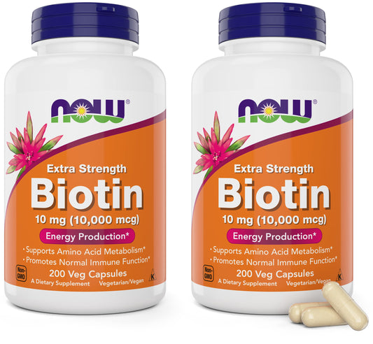 NOW Foods Biotin bottle front view highlighting 10,000 mcg potency for hair and nails