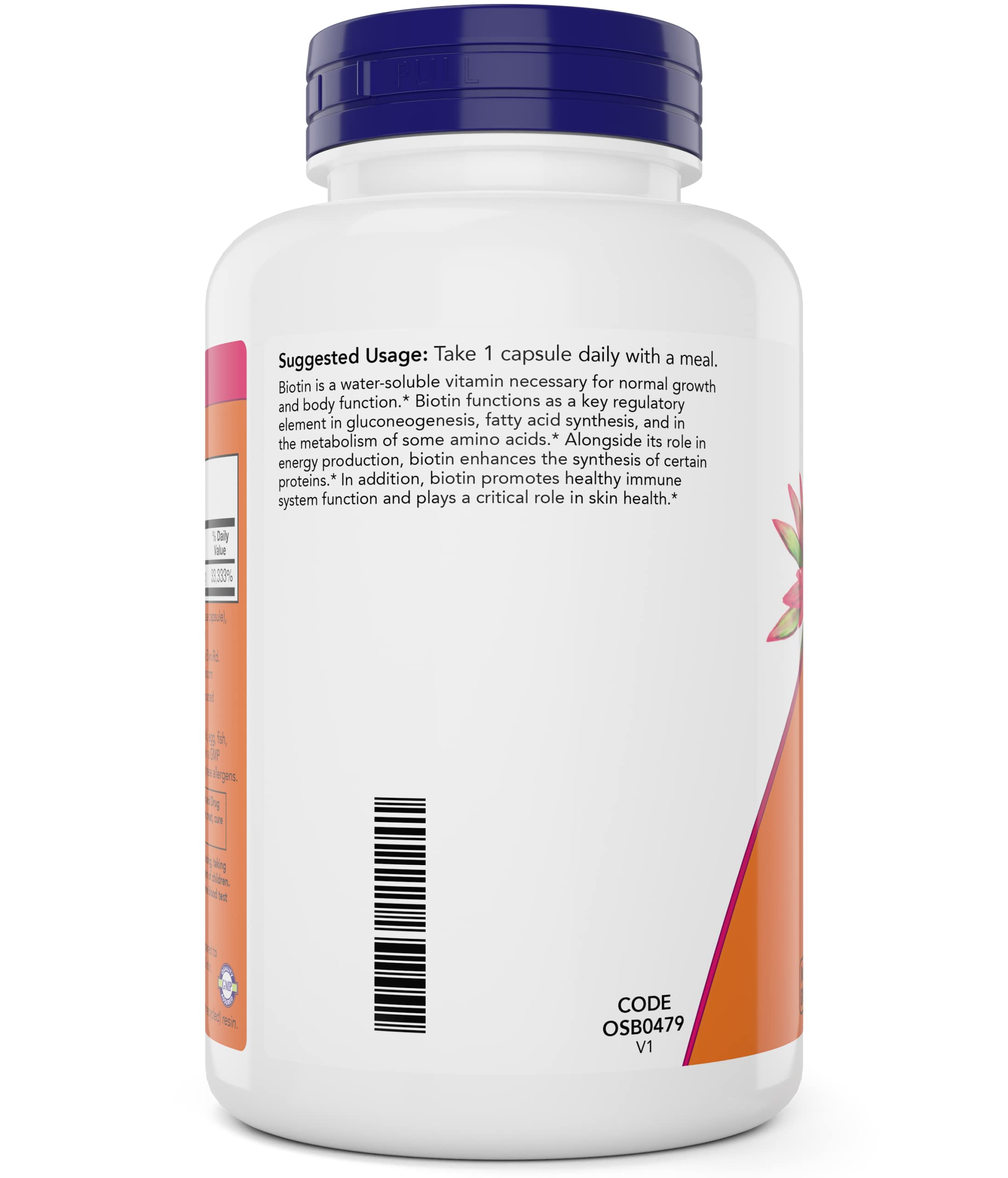 NOW Foods Biotin capsule close-up showing a high-potency vegan cap