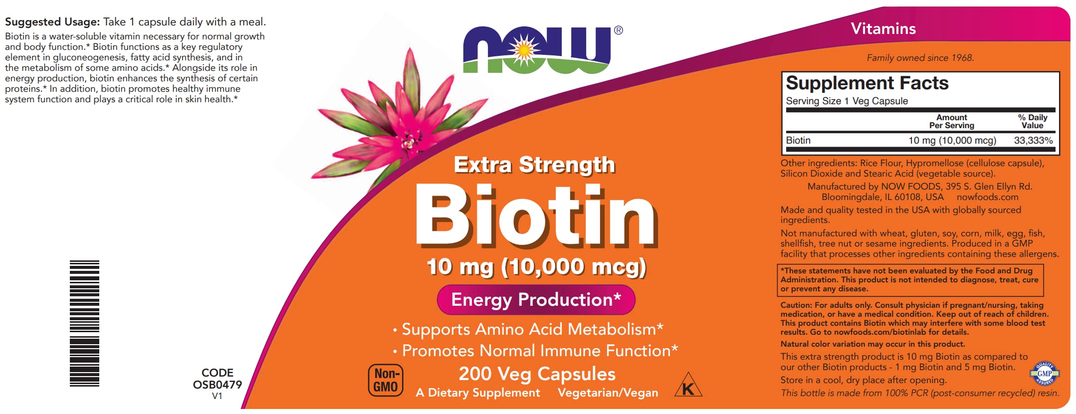 NOW Foods Biotin label close-up highlighting vegan and non-GMO features