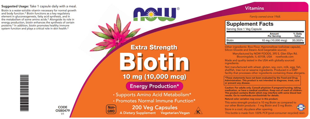 NOW Foods Biotin label close-up highlighting vegan and non-GMO features