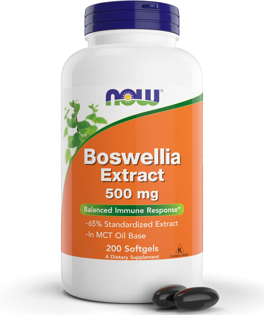 NOW Foods Boswellia 500 mg softgels bottle with MCT oil base; may support inflammatory comfort.