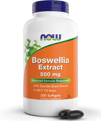 NOW Foods Boswellia 500 mg softgels bottle with MCT oil base; may support inflammatory comfort.