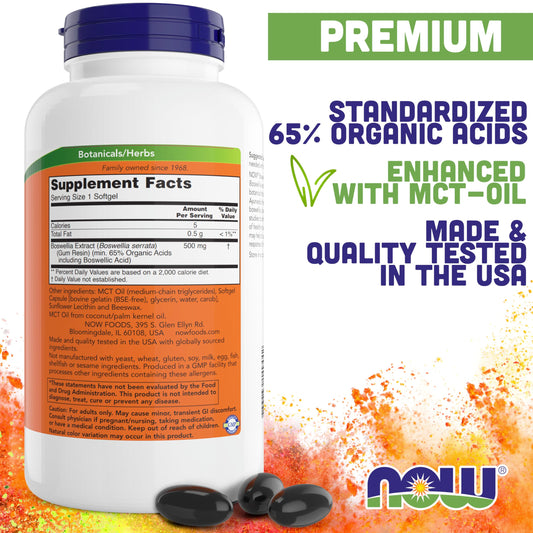 Softgels in bottle—NOW Boswellia may support inflammatory comfort with daily use.