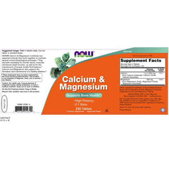 NOW Foods calcium magnesium pack label emphasizing two-in-one mineral support for neural and muscular function.