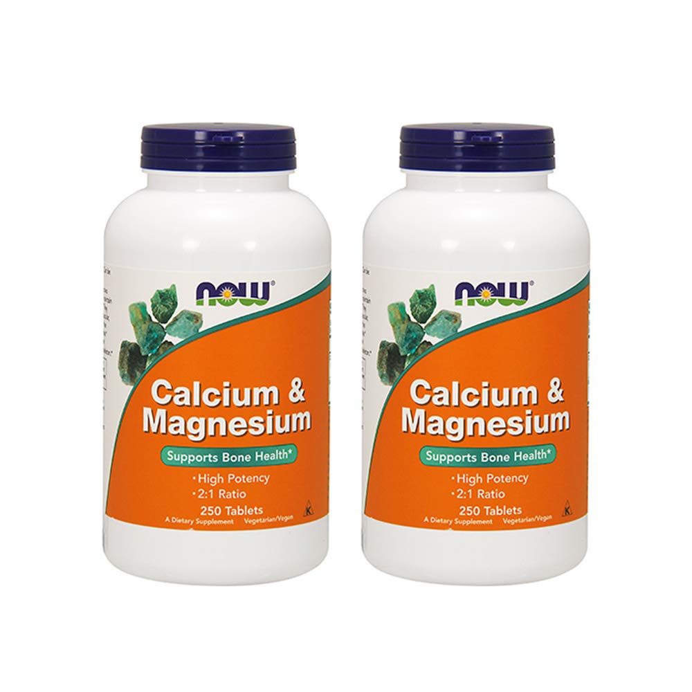 NOW Foods calcium magnesium tablets bottle illustrating bone health support and mineral balance for daily use.