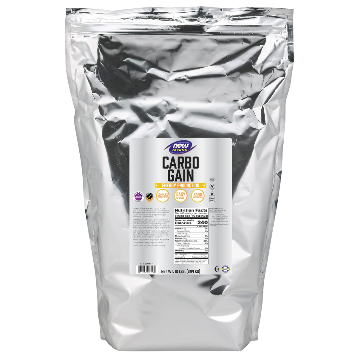 NOW Foods Carbo Gain powder bag for steady energy during workouts