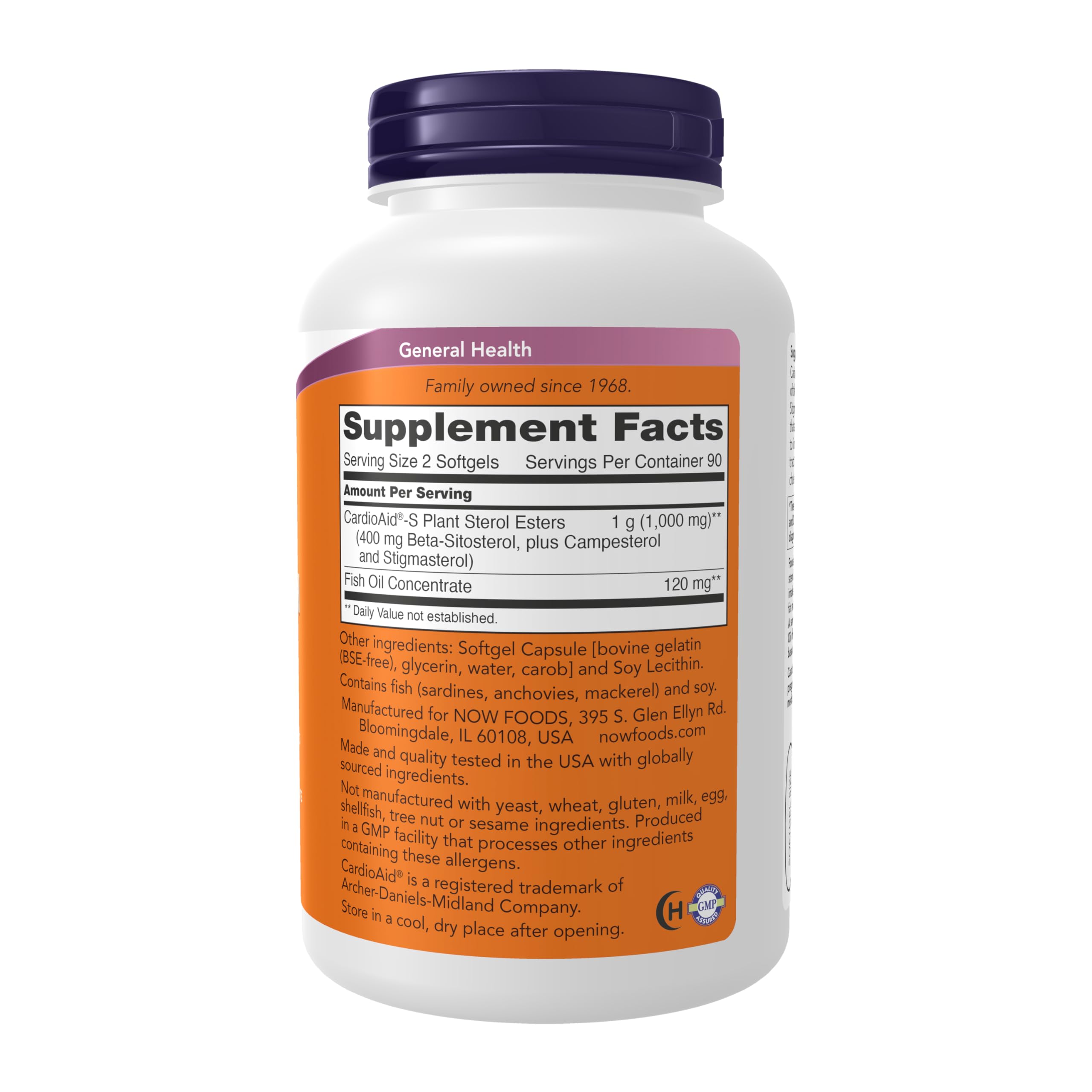 NOW Foods CardioAid-S Plant Sterols ester bottle highlighting plant sterols and fish oil
