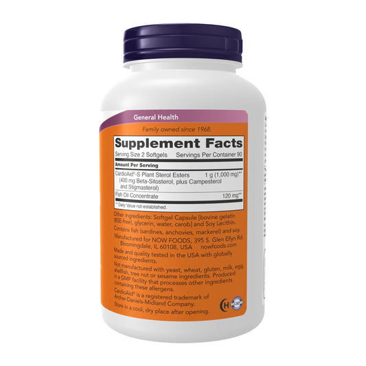 NOW Foods CardioAid-S Plant Sterols ester bottle highlighting plant sterols and fish oil