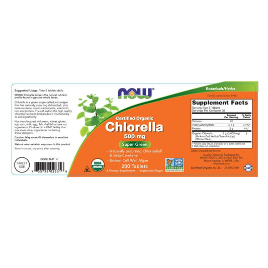 NOW Foods Chlorella tablets close-up shows natural chlorophyll and beta-carotene.