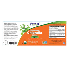 NOW Foods Chlorella tablets close-up shows natural chlorophyll and beta-carotene.