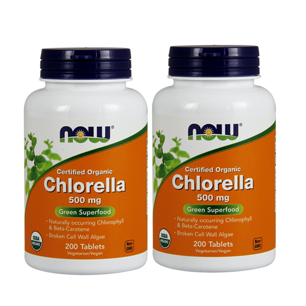 NOW Foods Chlorella 500 mg bottle front view, two-bottle pack for daily use.