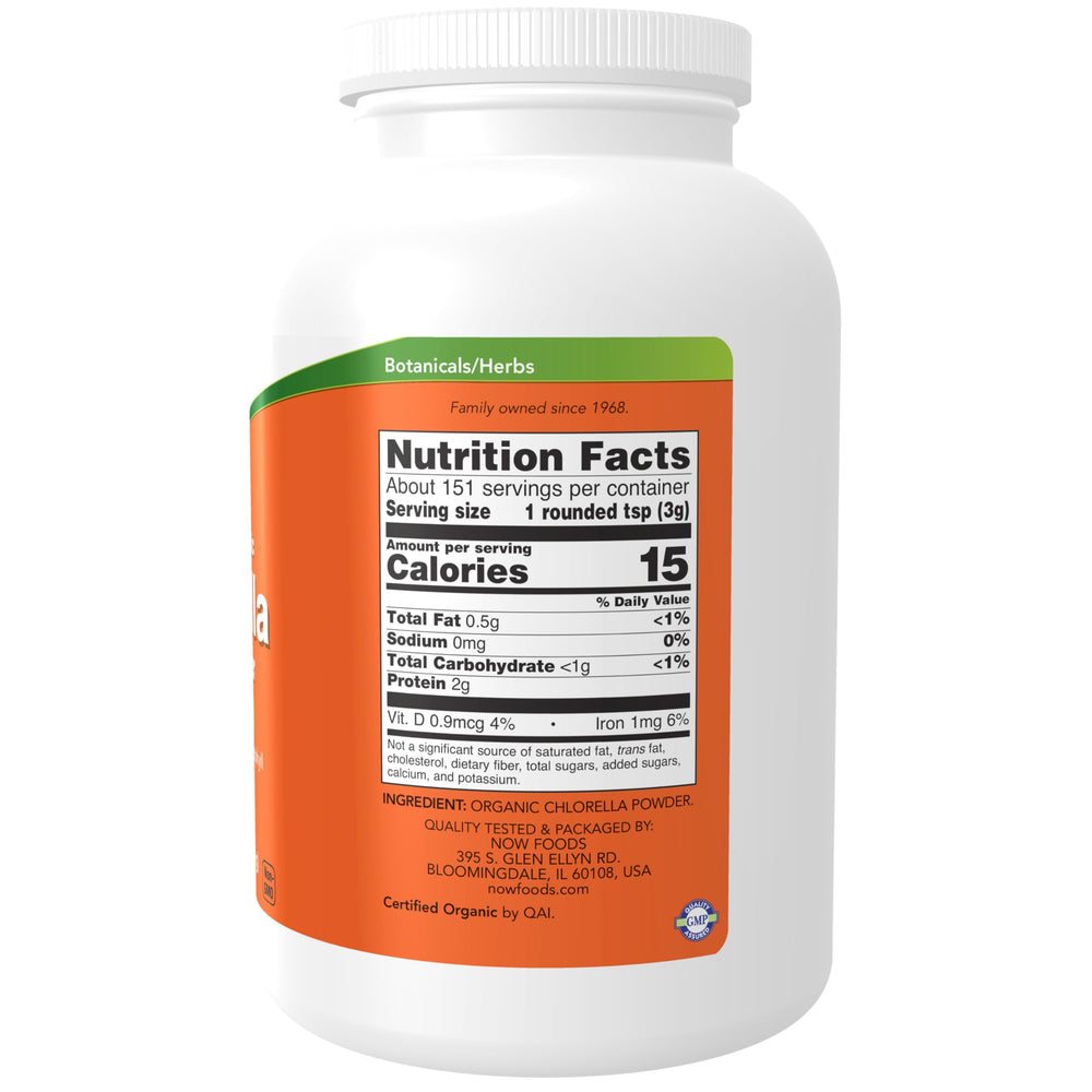 NOW Foods chlorella powder close up showing chlorophyll rich content for energy