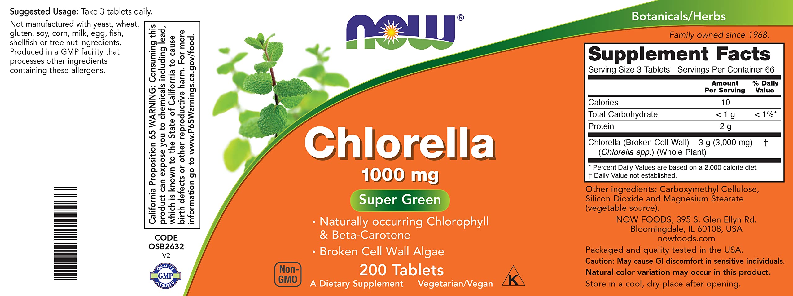 NOW Foods Chlorella badge shows Non-GMO and Vegan for plant-based diets