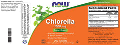 NOW Foods Chlorella badge shows Non-GMO and Vegan for plant-based diets
