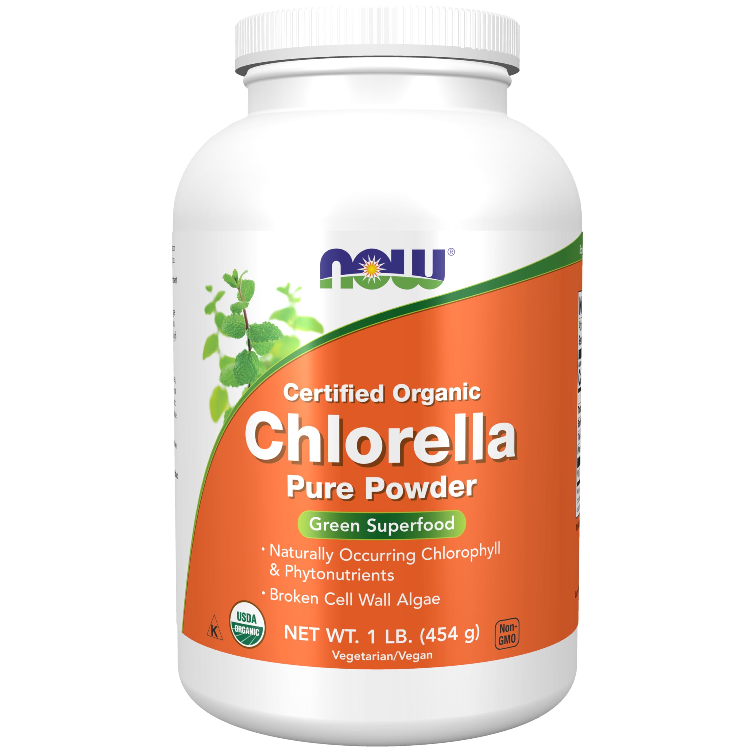 NOW Foods chlorella powder bottle with vibrant greens for daily greens