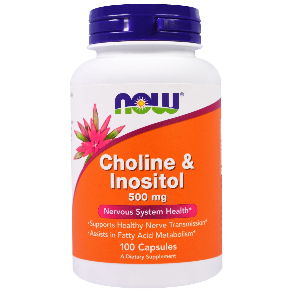 NOW Foods Choline and Inositol bottle pour showing convenient capsules for daily support