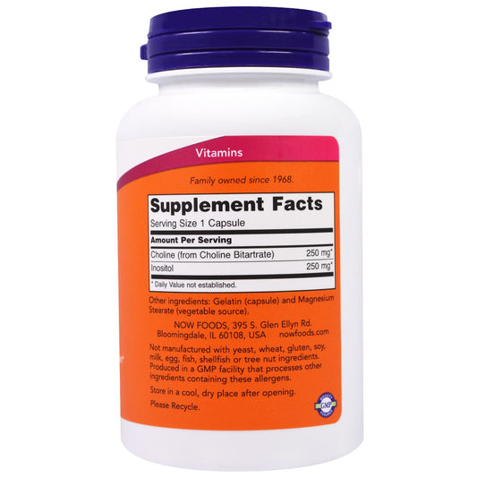 NOW Foods Choline and Inositol capsules close-up highlighting essential cell membrane components