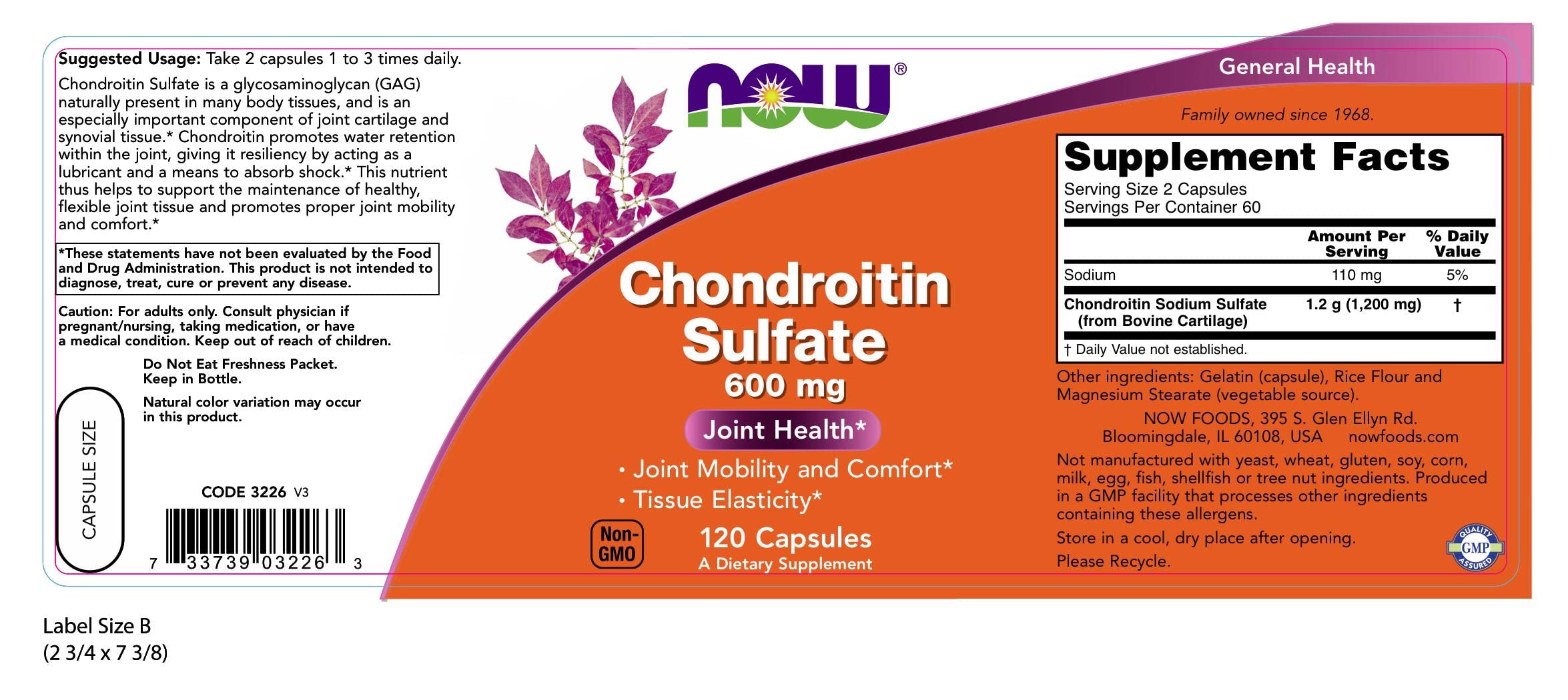 NOW Foods Chondroitin Sulfate capsules pack emphasizes gluten-free formula.