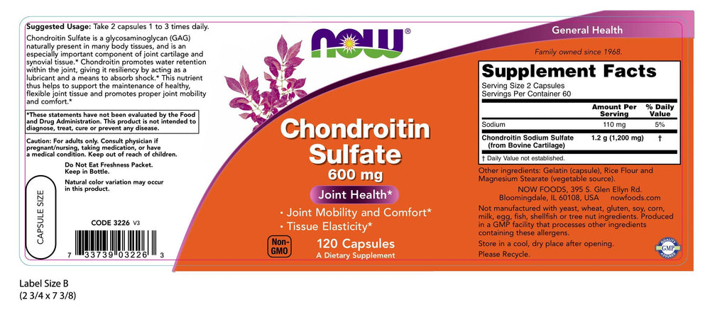 NOW Foods Chondroitin Sulfate capsules pack emphasizes gluten-free formula.