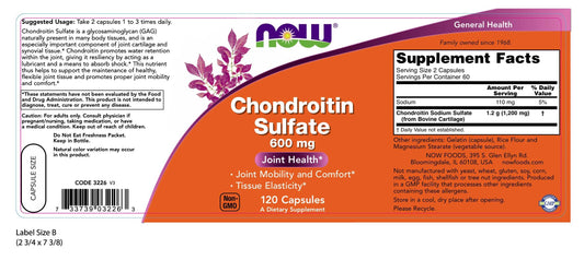NOW Foods Chondroitin Sulfate capsules pack emphasizes gluten-free formula.