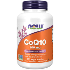 NOW Foods CoQ10 100 mg bottle front view showing hawthorn berry for potential energy support