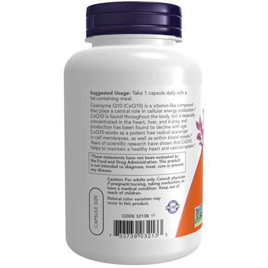 NOW Foods CoQ10 bottle label with vegan and non-GMO certifications displayed