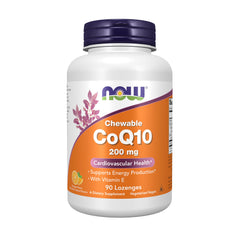 NOW Foods CoQ10 chewable lozenge in amber bottle for daily energy support