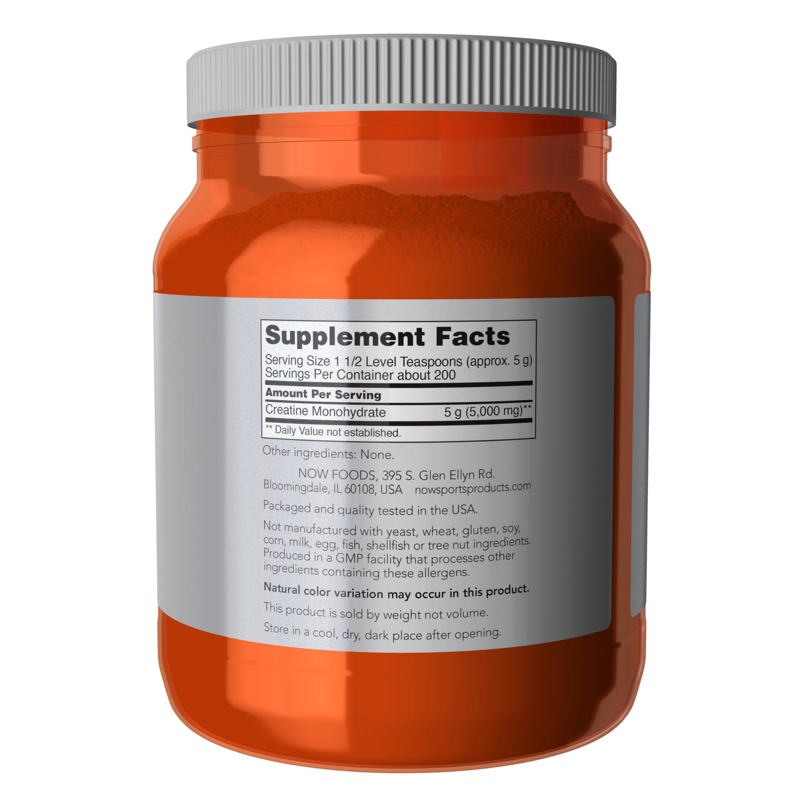 NOW Foods Creatine Monohydrate powder pour demonstrates easy mixing for lean mass.