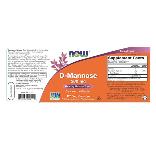NOW Foods D-Mannose 500 mg capsules pack for on-the-go urinary tract wellness