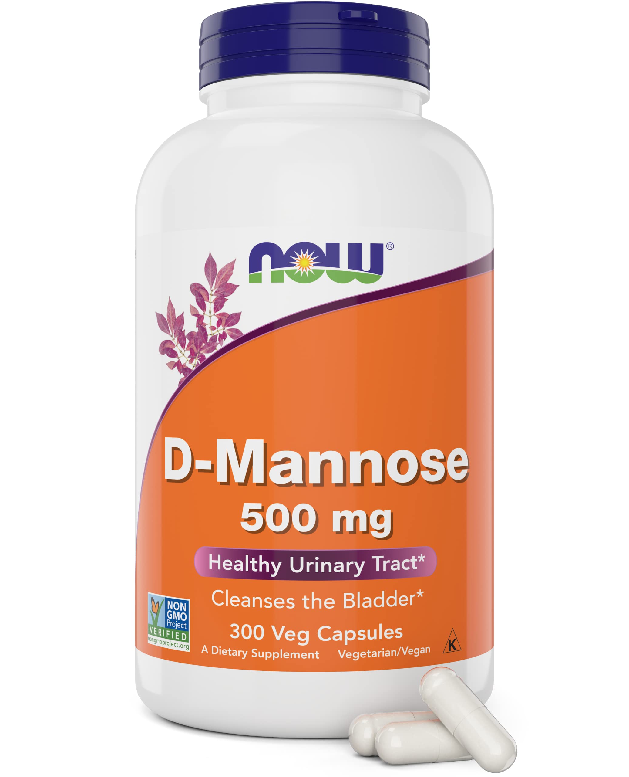 NOW Foods D-Mannose 500 mg capsules in bottle for urinary tract support.