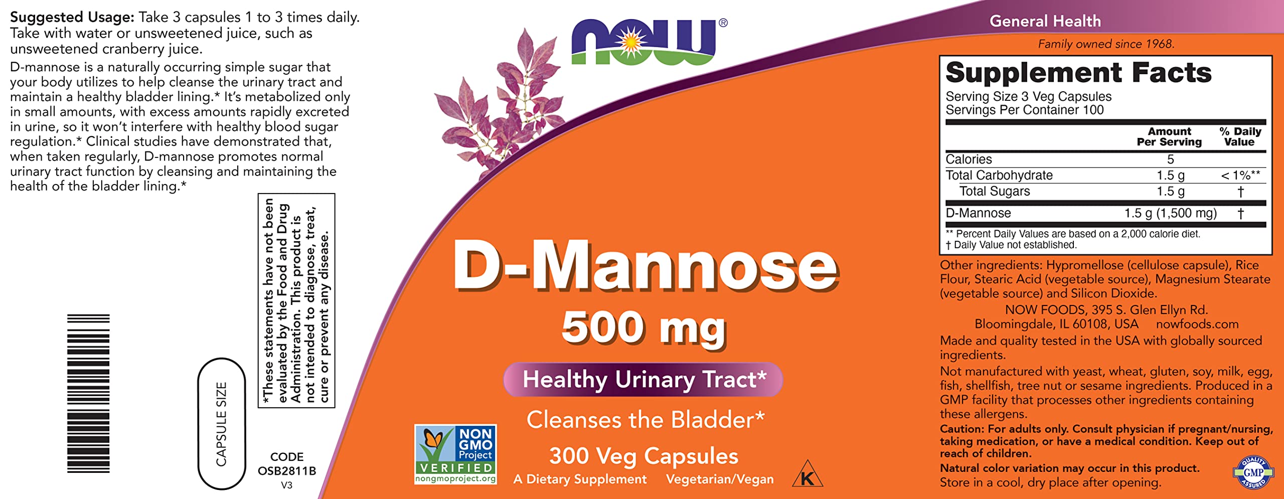 Close-up of NOW D-Mannose 500 mg vegan capsules.
