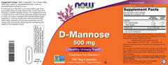 Close-up of NOW D-Mannose 500 mg vegan capsules.