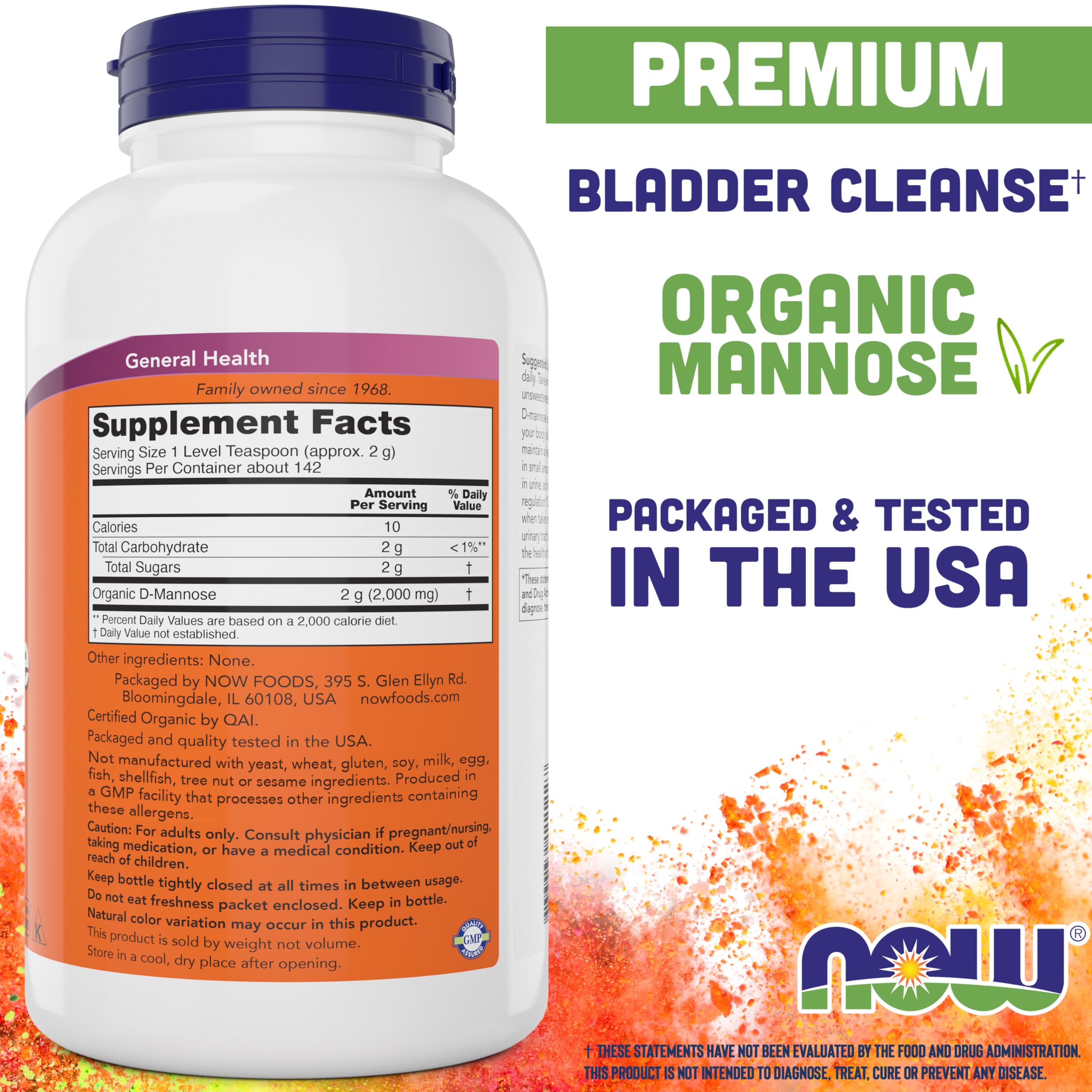 NOW Foods D-Mannose label and packaging highlighting pure organic formula