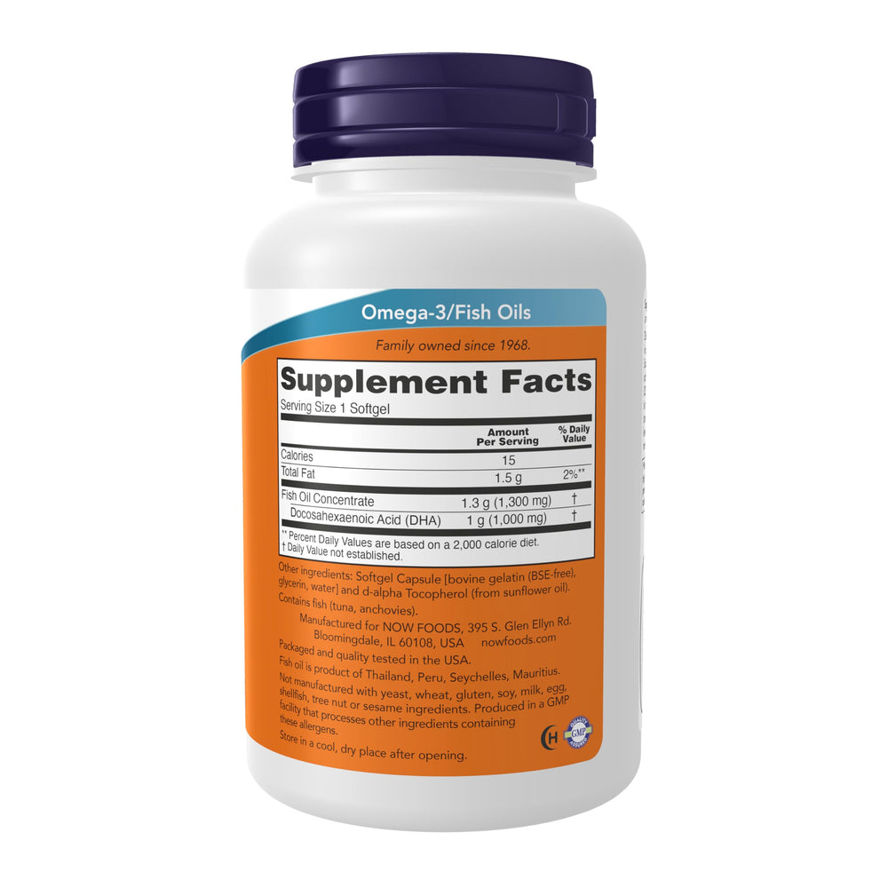 NOW Foods DHA 1000 Brain Support softgels close-up showing high-dose DHA per capsule