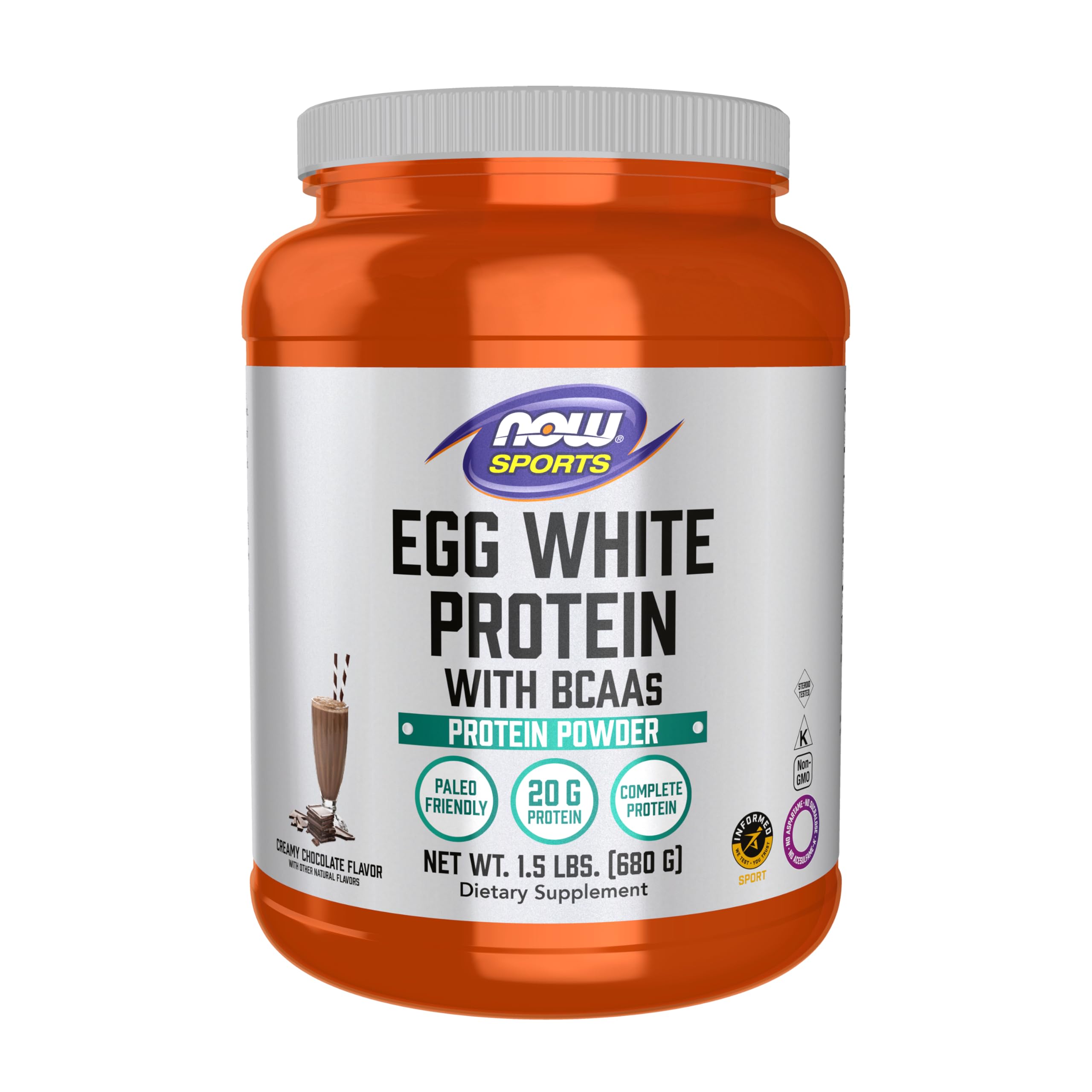 NOW Foods Egg White Protein creamy chocolate tub ideal for rich shakes.