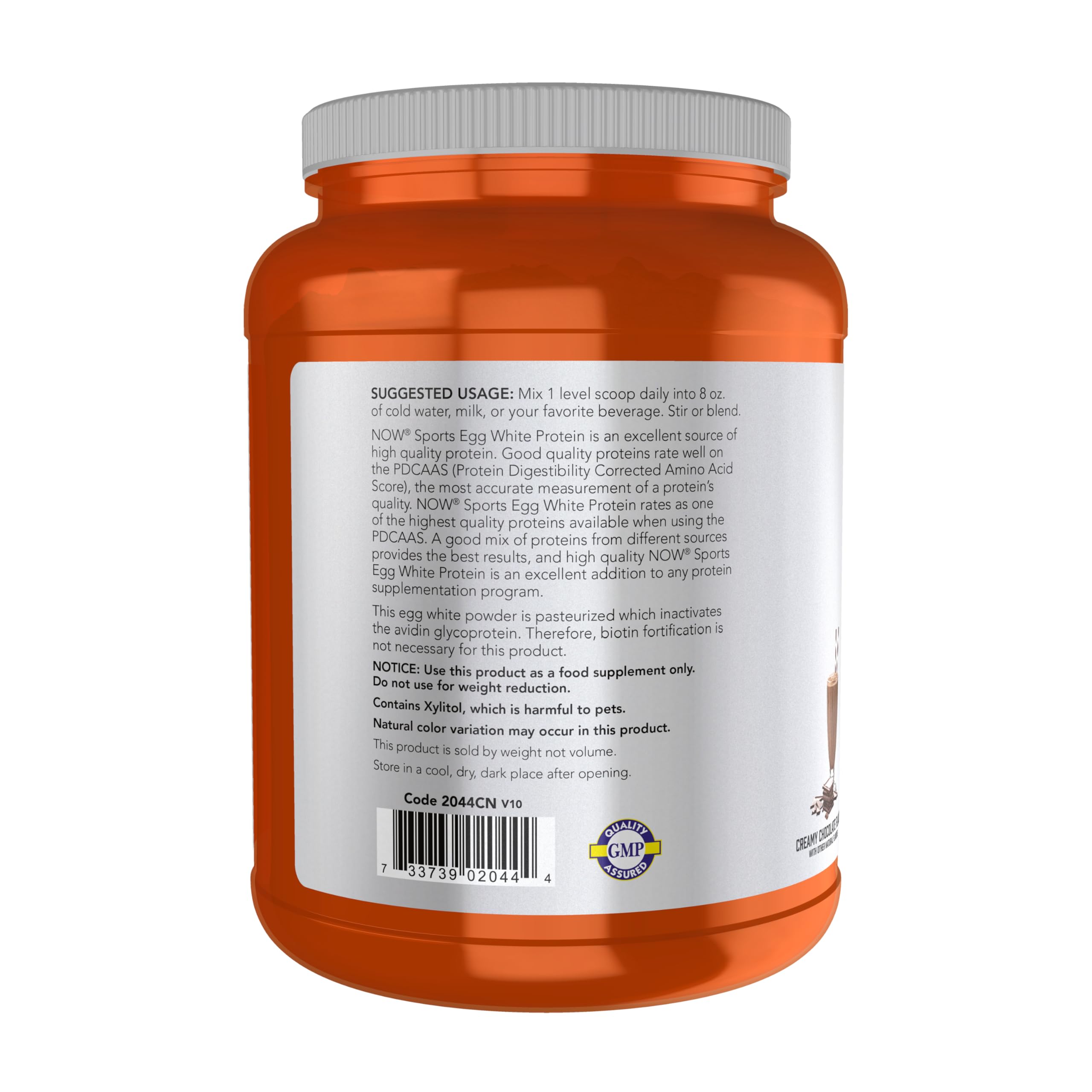 NOW Foods Egg White Protein pasteurized white powder close-up emphasizes safety and purity.