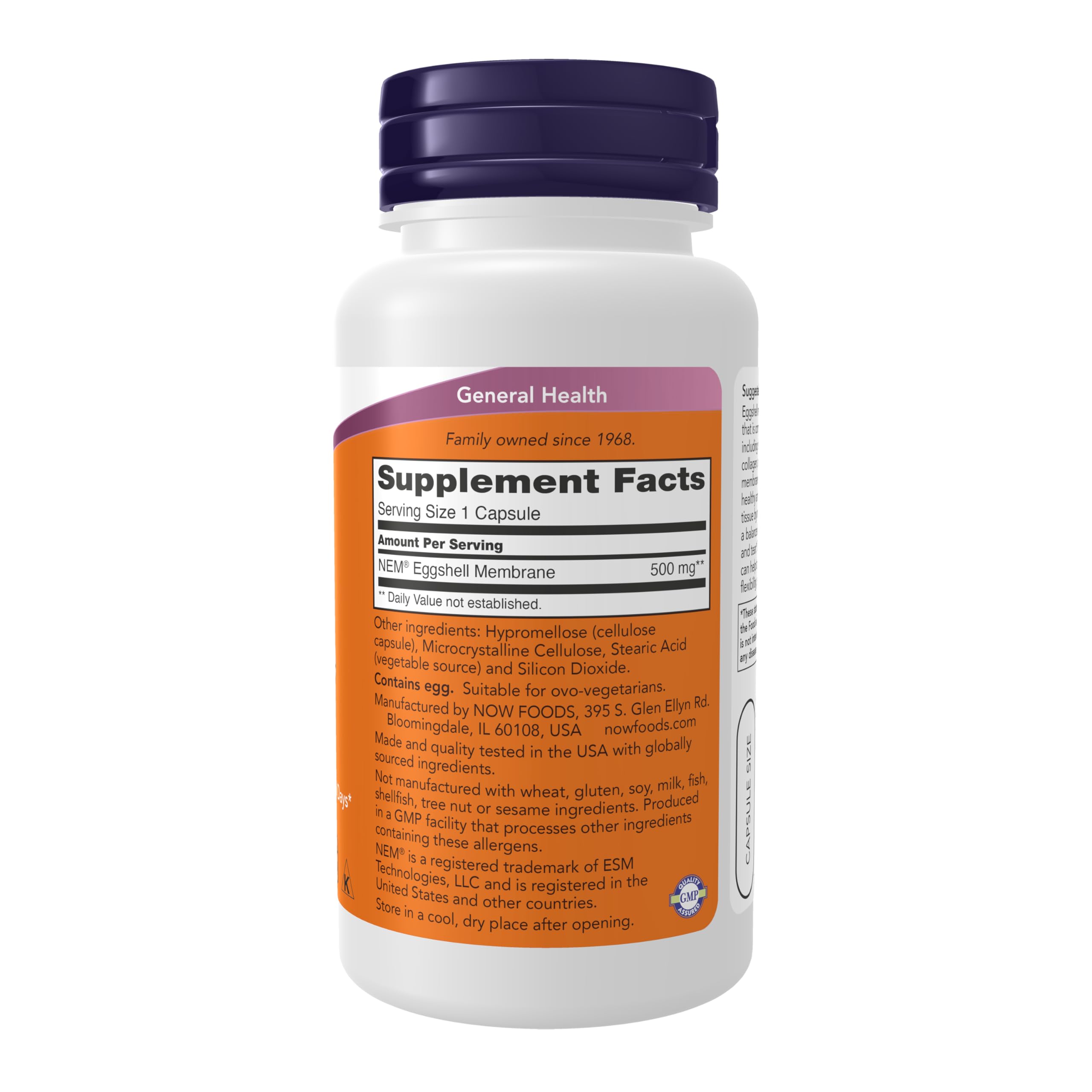 NOW Foods eggshell membrane bottle on shelf suggests convenient daily use.