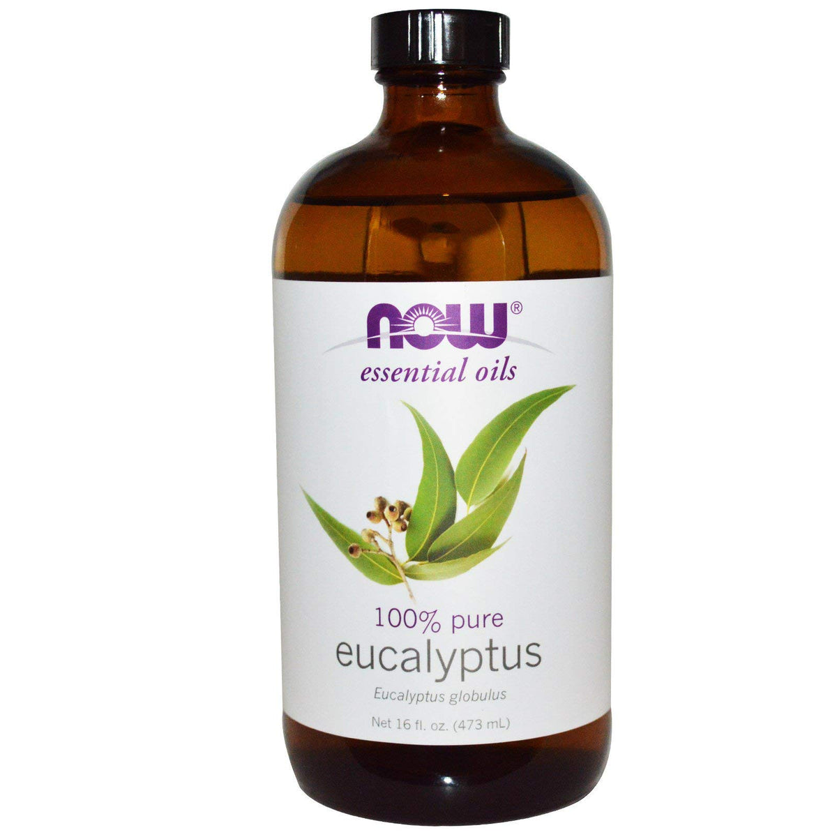 NOW Foods Eucalyptus Globulus Oil bottle for diffuser use, promotes fresh air and mood clarity.