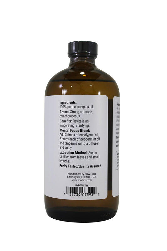 NOW Foods Eucalyptus Oil 3-pack labels showing value and convenience for home use.