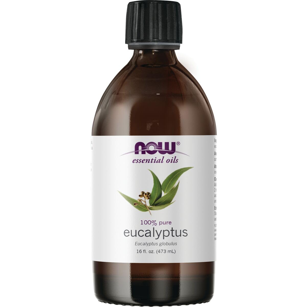 NOW Foods eucalyptus essential oil bottle closeup for aromatherapy and purity