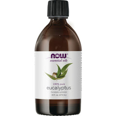 NOW Foods eucalyptus essential oil bottle closeup for aromatherapy and purity