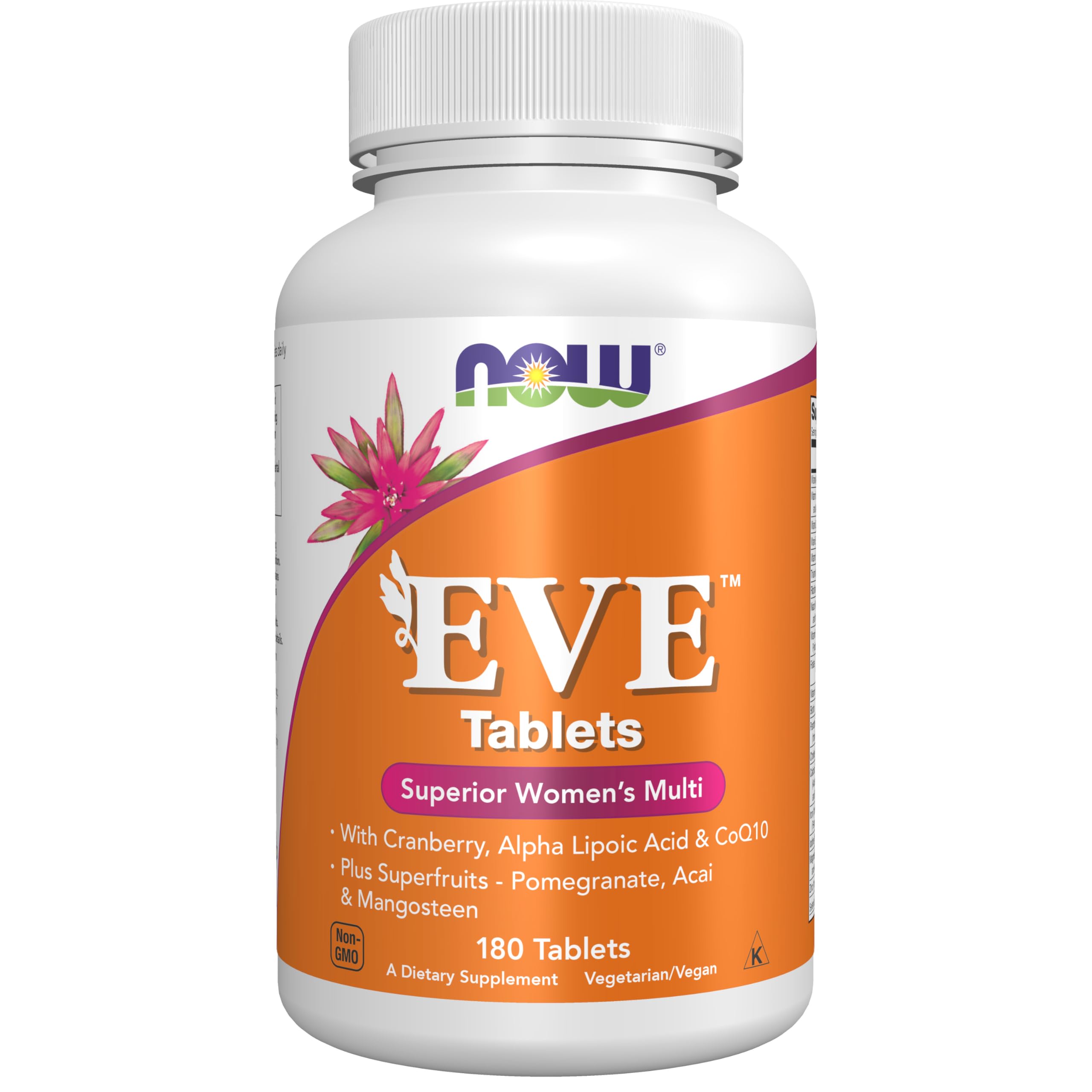 NOW Foods Eve women's multivitamin bottle highlighting cranberry blend for daily vitality.